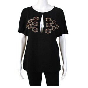 Kristina Ti Beaded Tie Neck Blouse Top Black Sz 6 Small SL Keyhole Neckline NWT